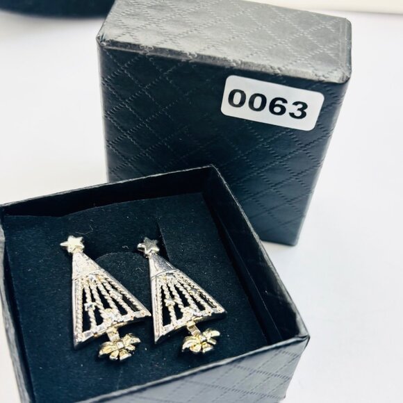 Silver & gold toned Christmas Tree Dangle Earrings With Star & Crystal Accents I - Picture 6 of 6